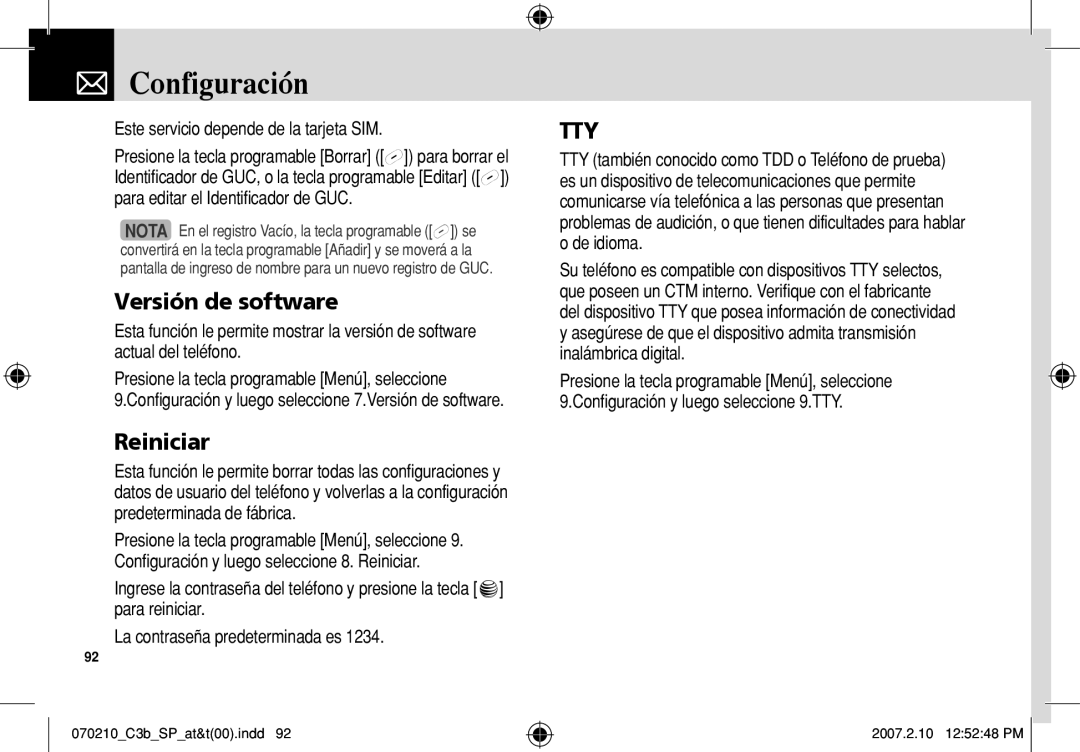 AT&T C3B manual Versión de software, Reiniciar, Este servicio depende de la tarjeta SIM 