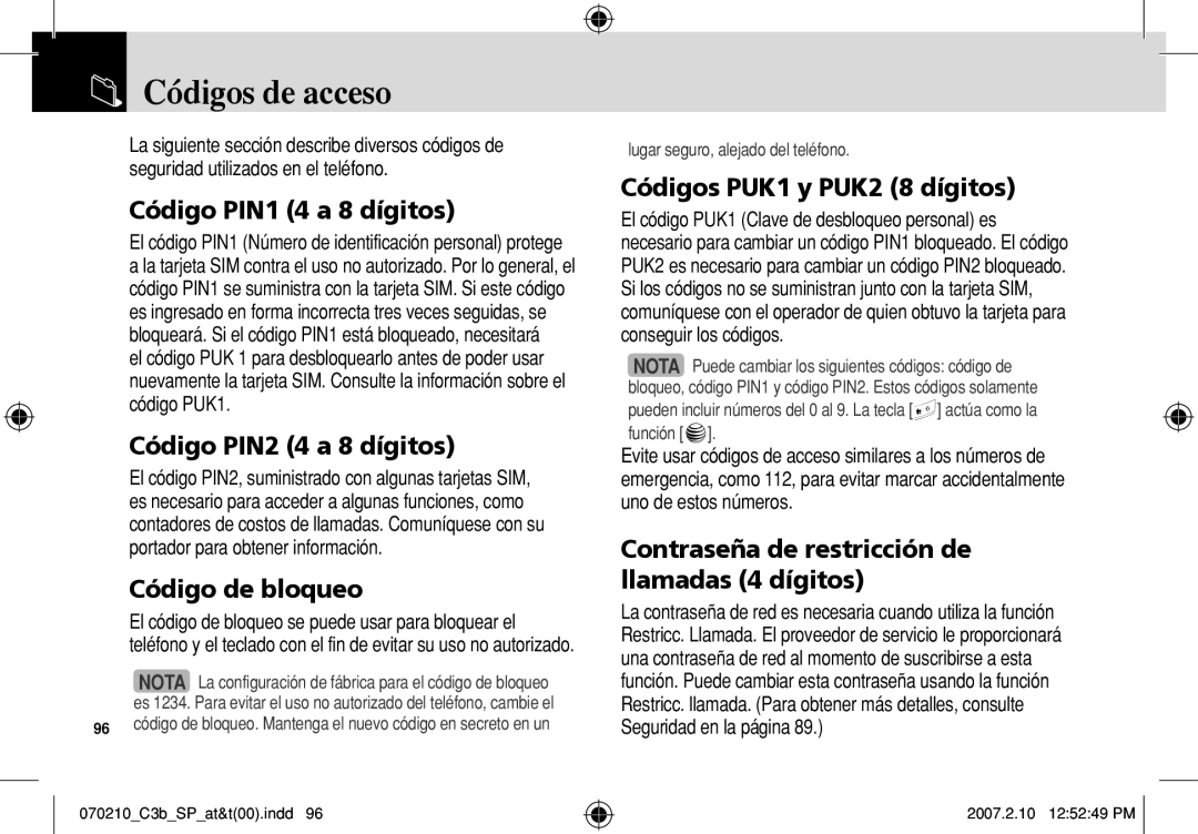 AT&T C3B manual Códigos de acceso 