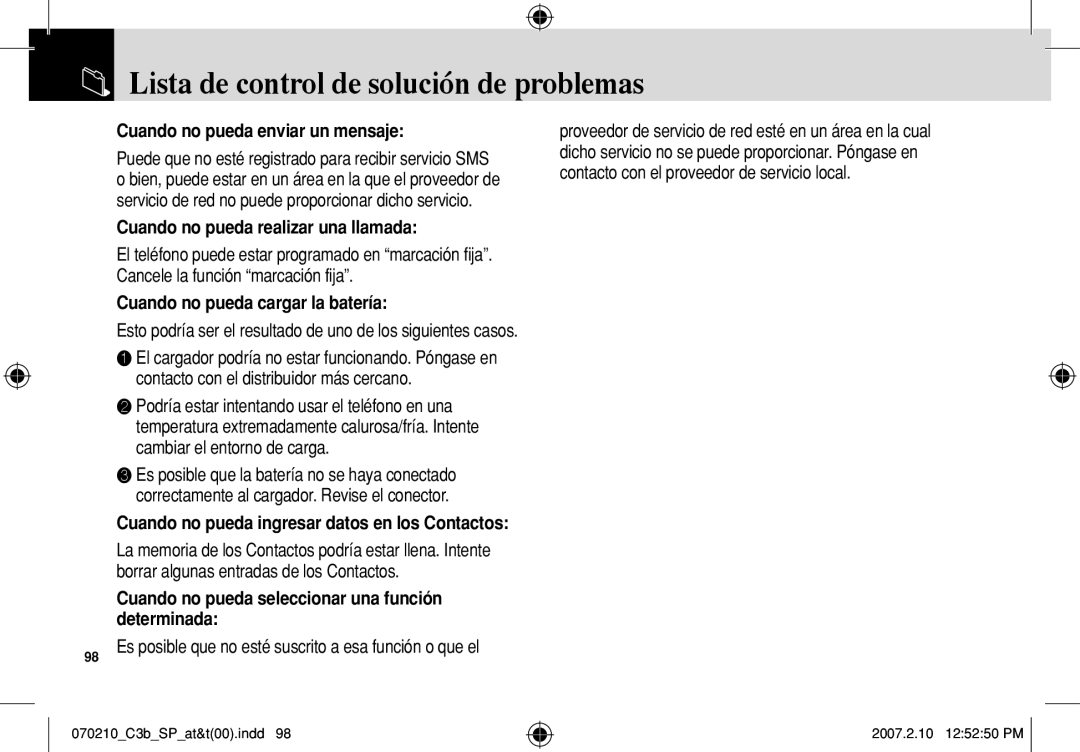 AT&T C3B Lista de control de solución de problemas, Cuando no pueda enviar un mensaje, Cuando no pueda cargar la batería 