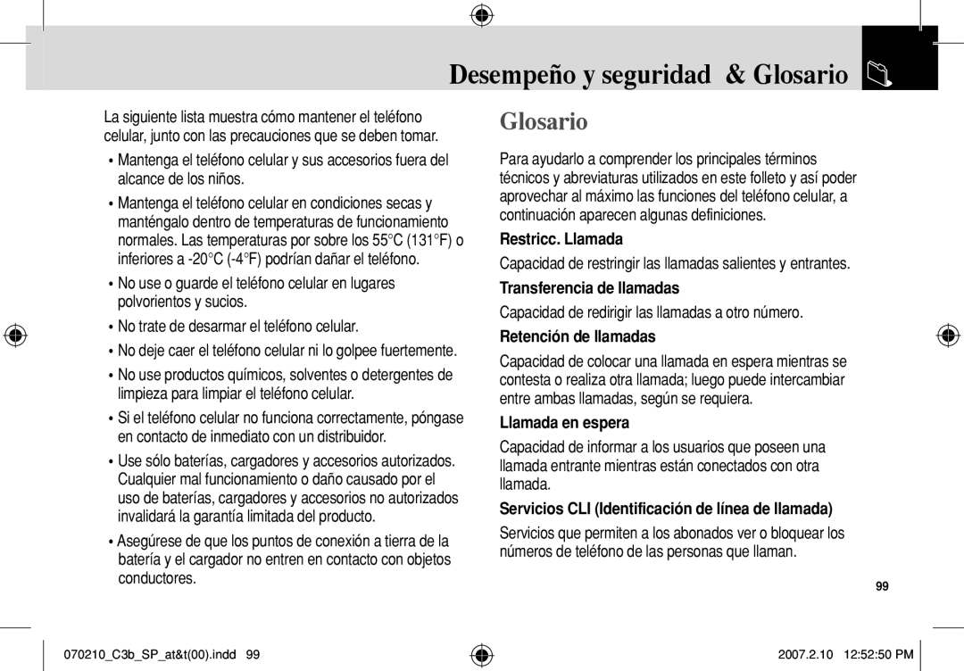 AT&T C3B manual Desempeño y seguridad & Glosario 