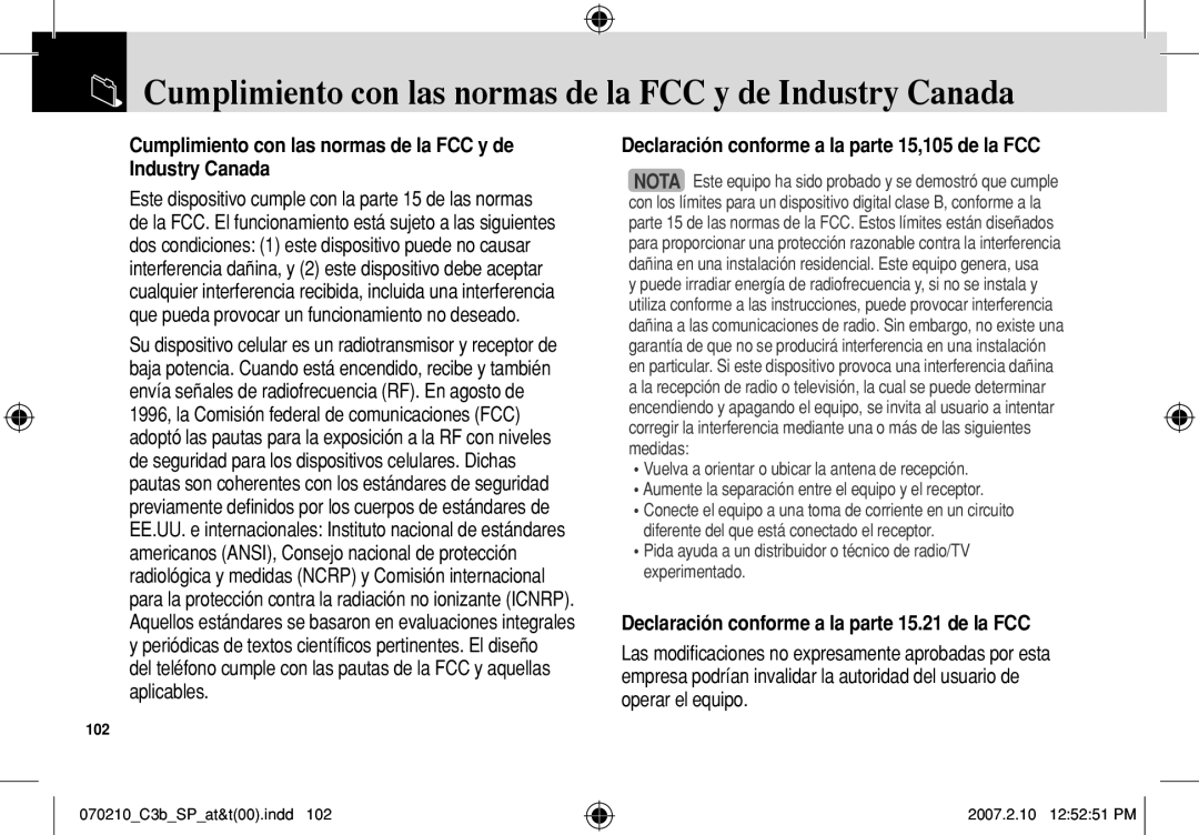 AT&T C3B Cumplimiento con las normas de la FCC y de Industry Canada, Declaración conforme a la parte 15,105 de la FCC 