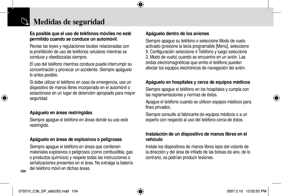 AT&T C3B manual Medidas de seguridad, Apáguelo en áreas restringidas, Apáguelo en áreas de explosivos o peligrosas 