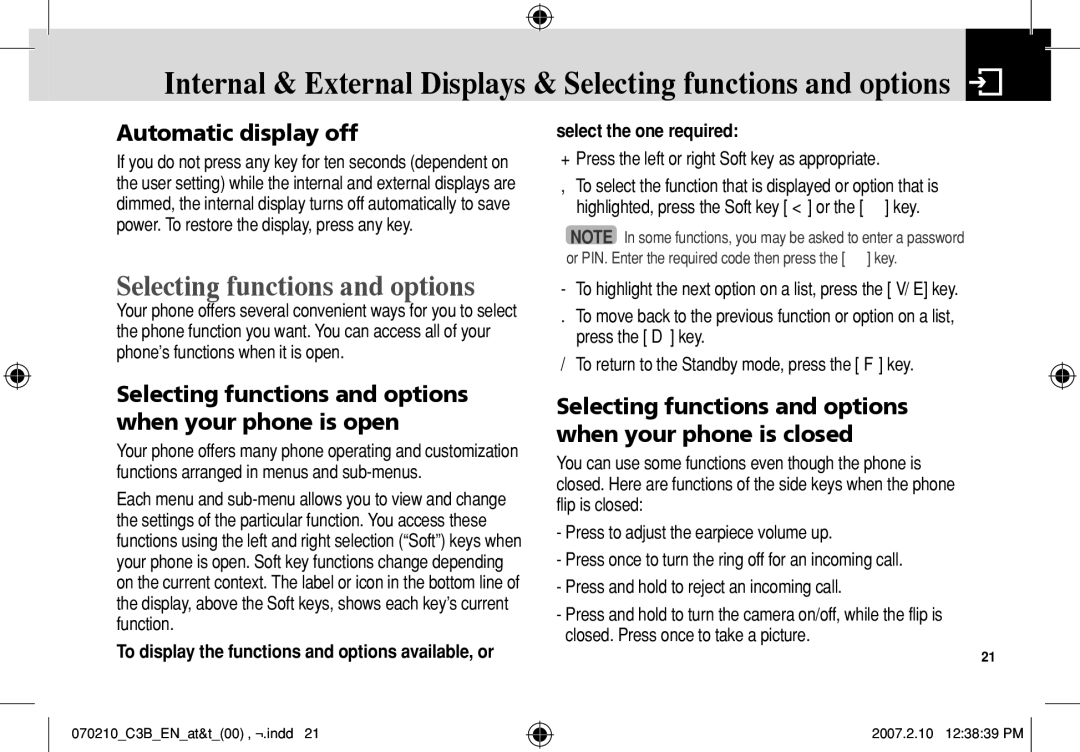 AT&T C3B manual Automatic display off, Selecting functions and options when your phone is open, Select the one required 