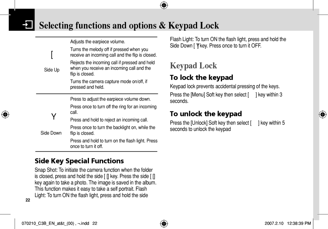 AT&T C3B manual Selecting functions and options & Keypad Lock, Side Key Special Functions, To lock the keypad 