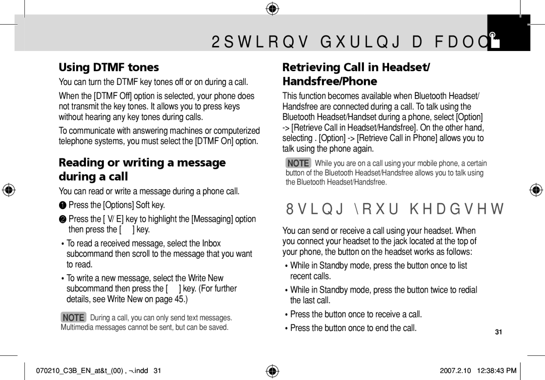 AT&T C3B manual Using your headset, Using Dtmf tones, Reading or writing a message during a call 