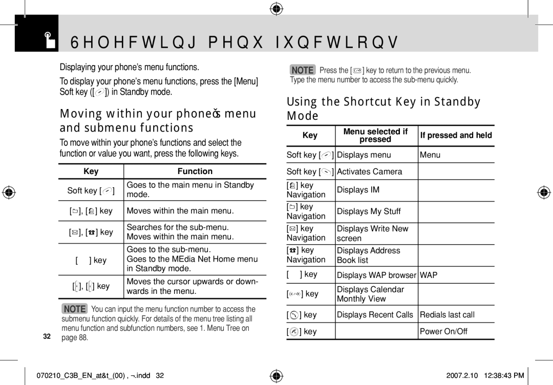 AT&T C3B manual Moving within your phone’s menu and submenu functions, Using the Shortcut Key in Standby Mode, Key Function 