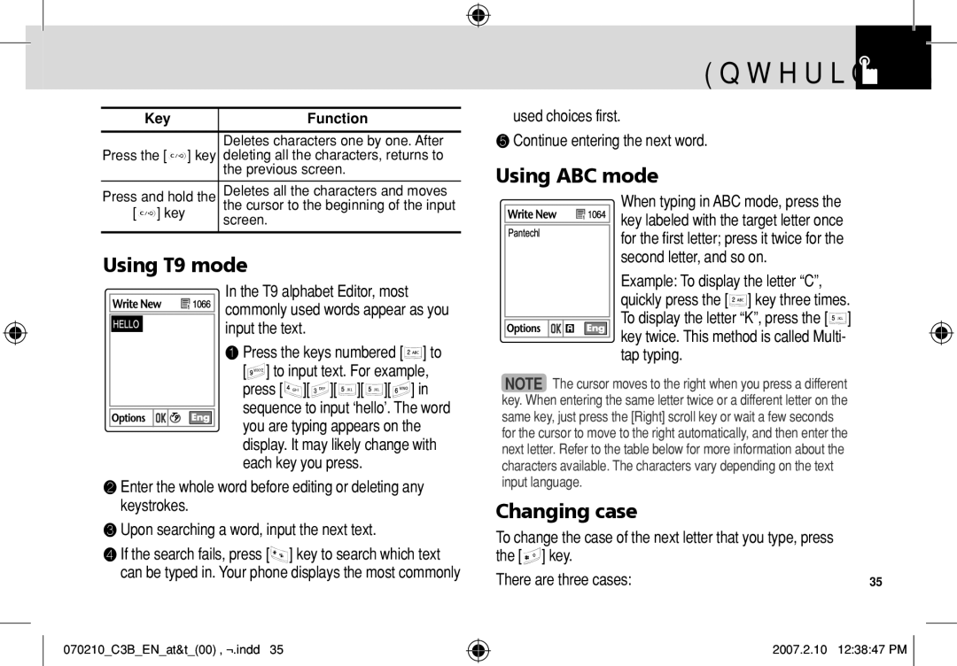 AT&T C3B manual Using T9 mode, Using ABC mode, Changing case 