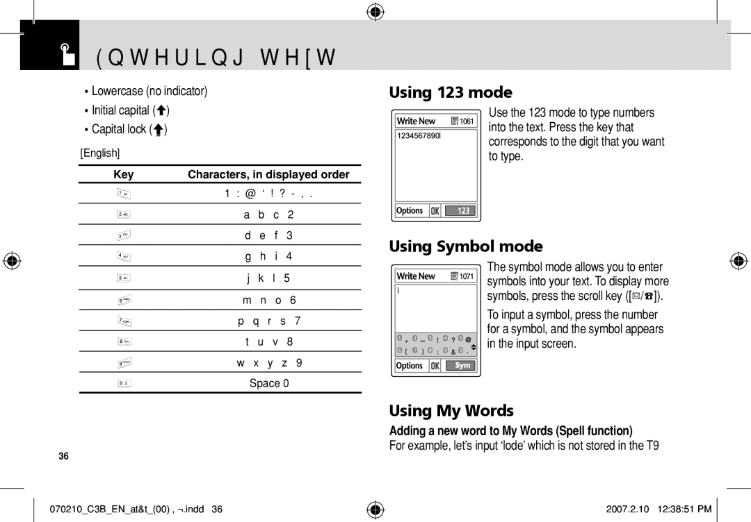 AT&T C3B manual Using 123 mode, Using Symbol mode, Using My Words, Adding a new word to My Words Spell function 