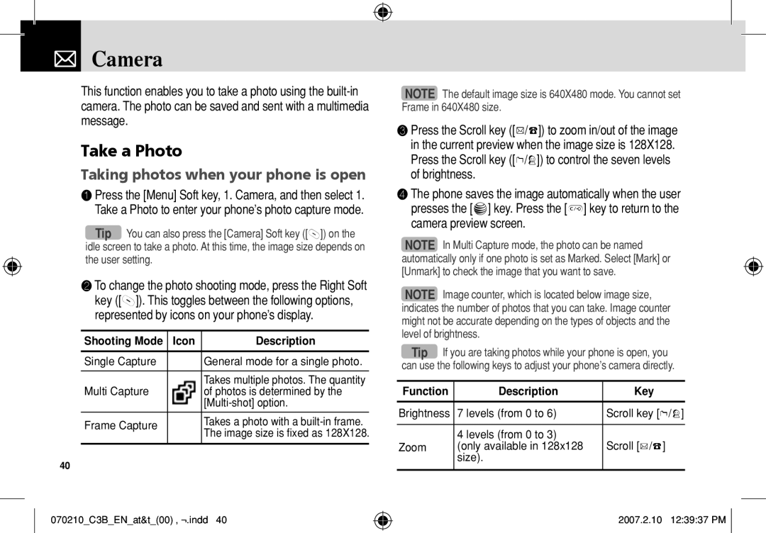 AT&T C3B manual Camera, Take a Photo, Taking photos when your phone is open, Icon Description, Function Description Key 