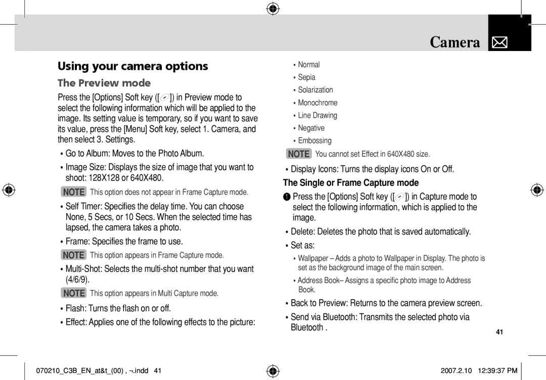 AT&T C3B manual Using your camera options, Preview mode, Display Icons Turns the display icons On or Off 