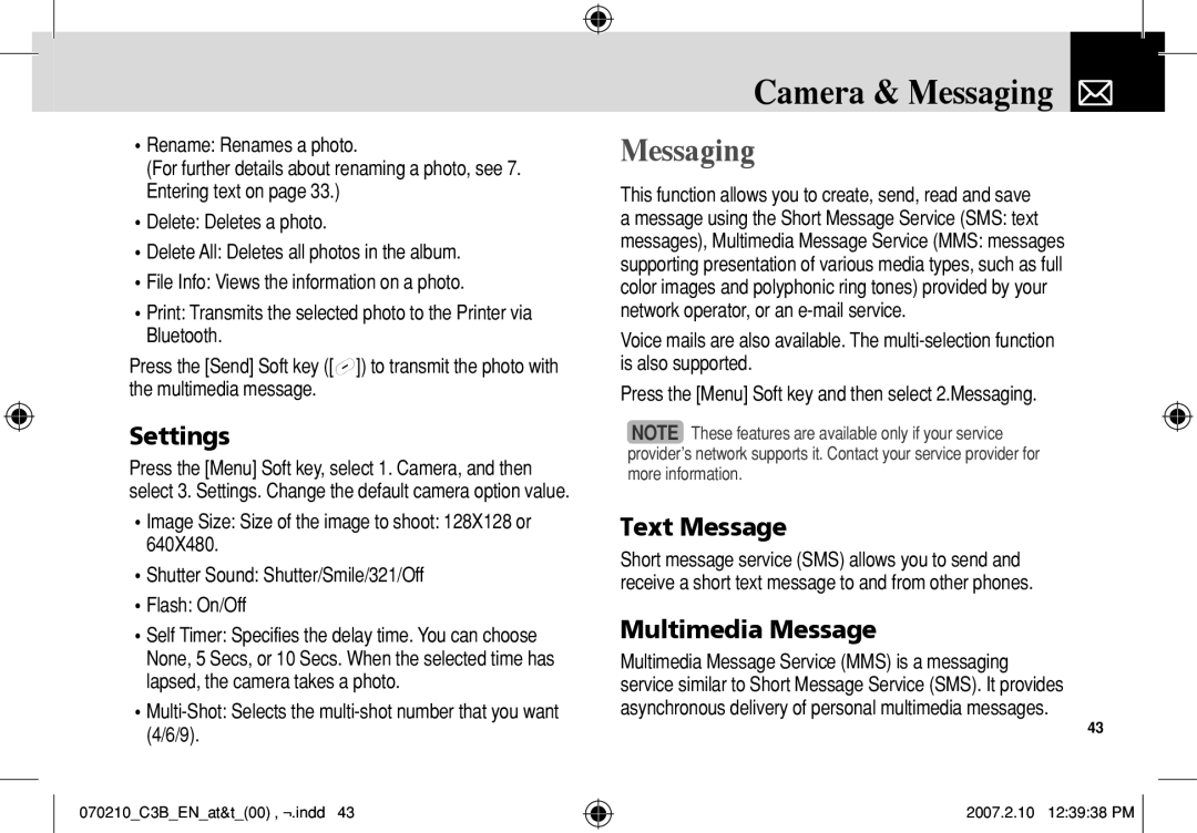 AT&T C3B manual Camera & Messaging, Settings, Text Message, Multimedia Message 