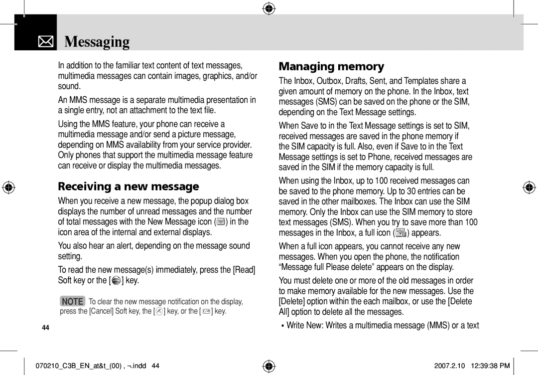 AT&T C3B manual Messaging, Receiving a new message, Managing memory, Write New Writes a multimedia message MMS or a text 