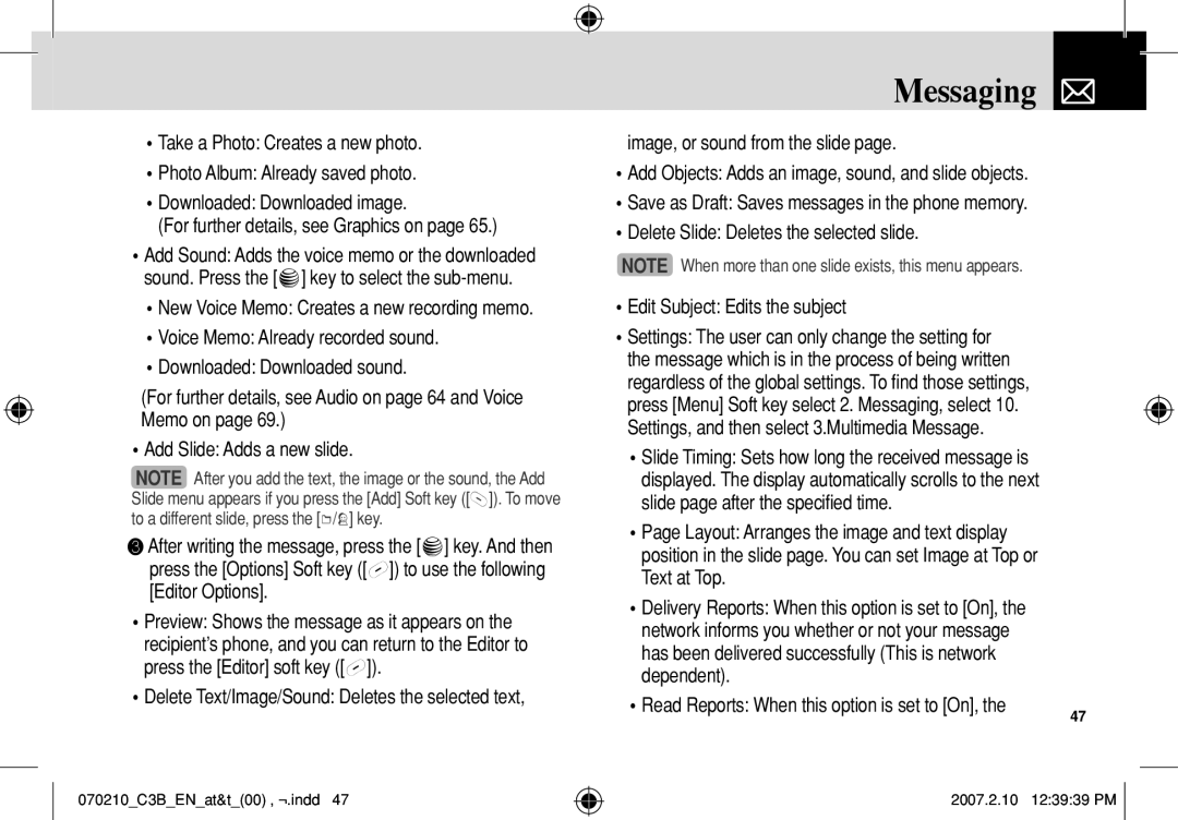 AT&T C3B manual Messaging, Image, or sound from the slide, Slide page after the specified time, Text at Top, Dependent 