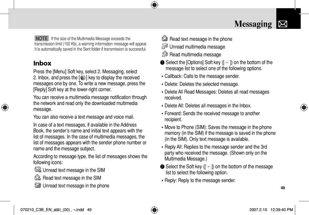 AT&T C3B manual Inbox, Press the Menu Soft key, select 2. Messaging, select 