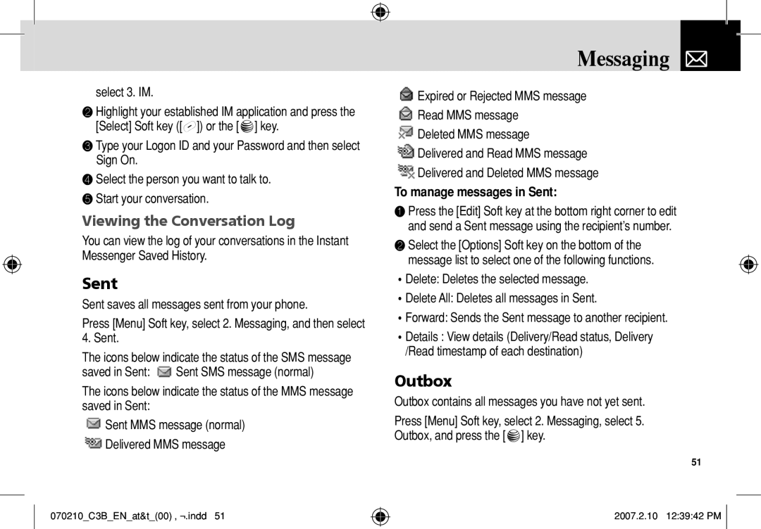 AT&T C3B manual Outbox, Viewing the Conversation Log, To manage messages in Sent 