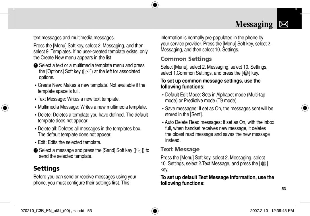 AT&T C3B manual Common Settings, Text messages and multimedia messages 