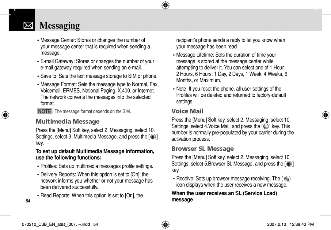 AT&T C3B manual Voice Mail, Browser SL Message, Read Reports When this option is set to On 