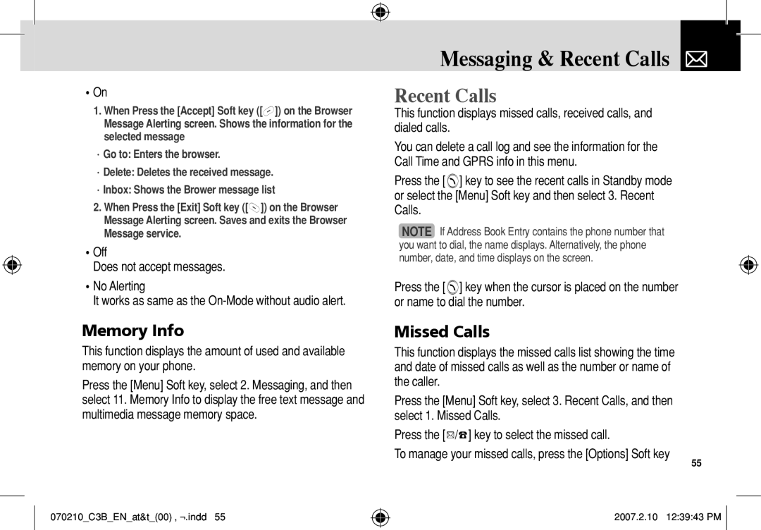 AT&T C3B manual Messaging & Recent Calls, Memory Info, Missed Calls, Off Does not accept messages No Alerting 