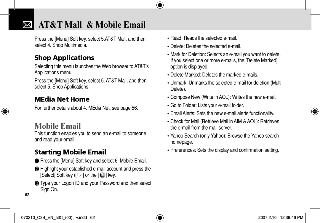 AT&T C3B AT&T Mall & Mobile Email, Shop Applications, Starting Mobile Email, For further details about 4. MEdia Net, see 