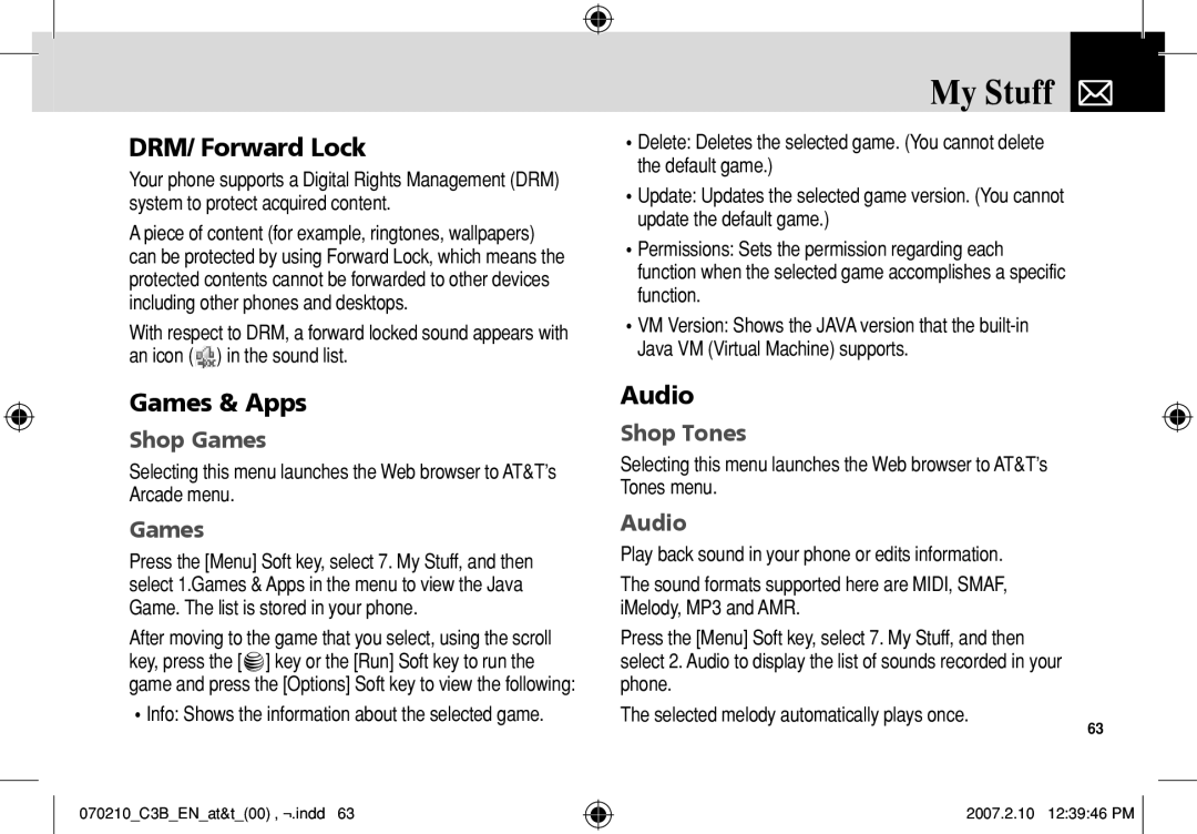 AT&T C3B manual My Stuff, DRM/ Forward Lock, Games & Apps, Audio 