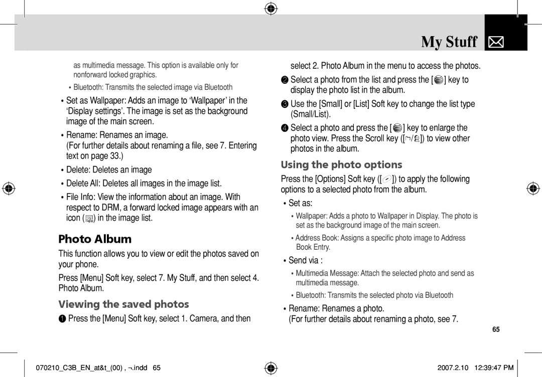 AT&T C3B manual ❶ Press the Menu Soft key, select 1. Camera, and then 