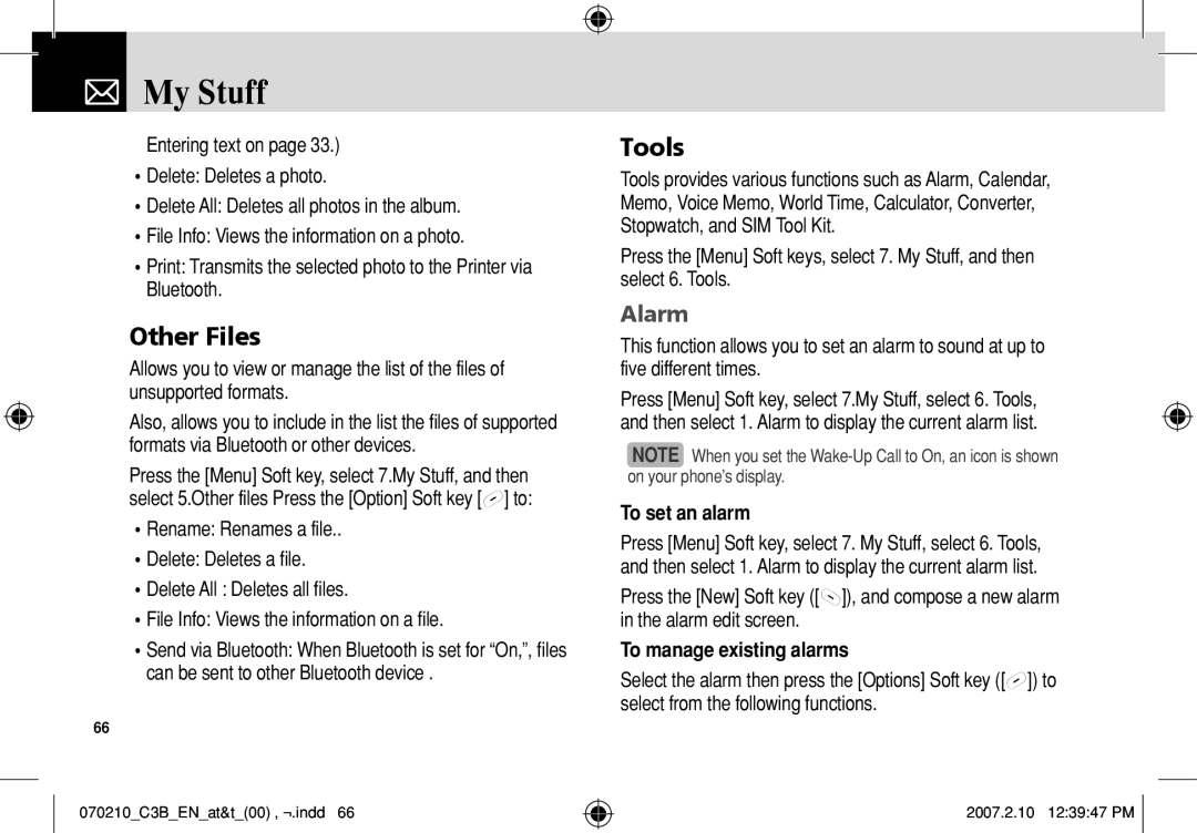 AT&T C3B manual Other Files, Tools, Alarm, To set an alarm, To manage existing alarms 