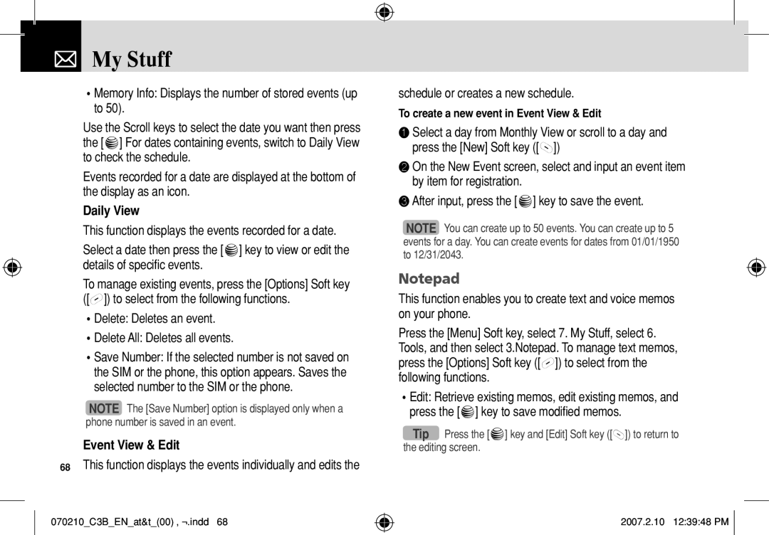 AT&T C3B manual Memory Info Displays the number of stored events up to, Daily View, Event View & Edit 