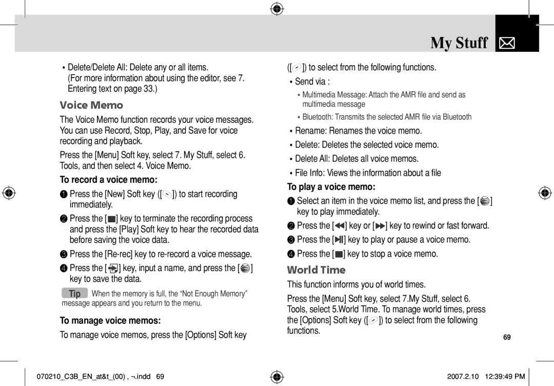 AT&T C3B manual Voice Memo, World Time, To record a voice memo, To manage voice memos, To play a voice memo 