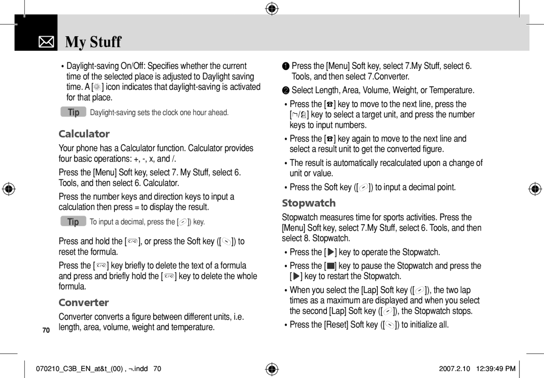 AT&T C3B manual Calculator, Converter, Stopwatch, Length, area, volume, weight and temperature 