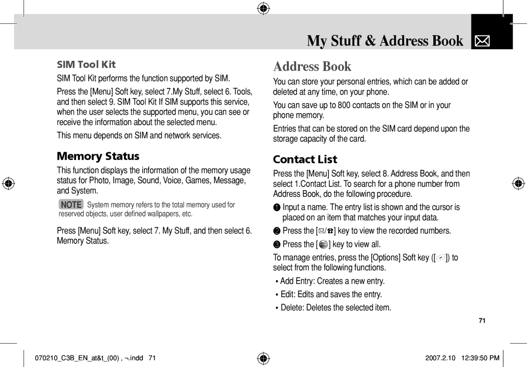 AT&T C3B manual My Stuff & Address Book, Memory Status, Contact List, SIM Tool Kit 