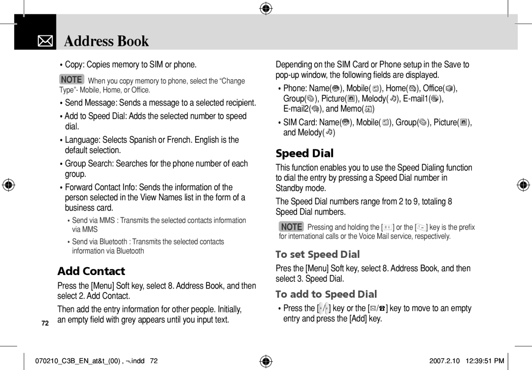 AT&T C3B manual Address Book, Add Contact, To set Speed Dial, To add to Speed Dial 