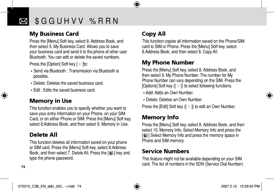 AT&T C3B manual My Business Card, Memory in Use, Delete All, Copy All, My Phone Number, Service Numbers 