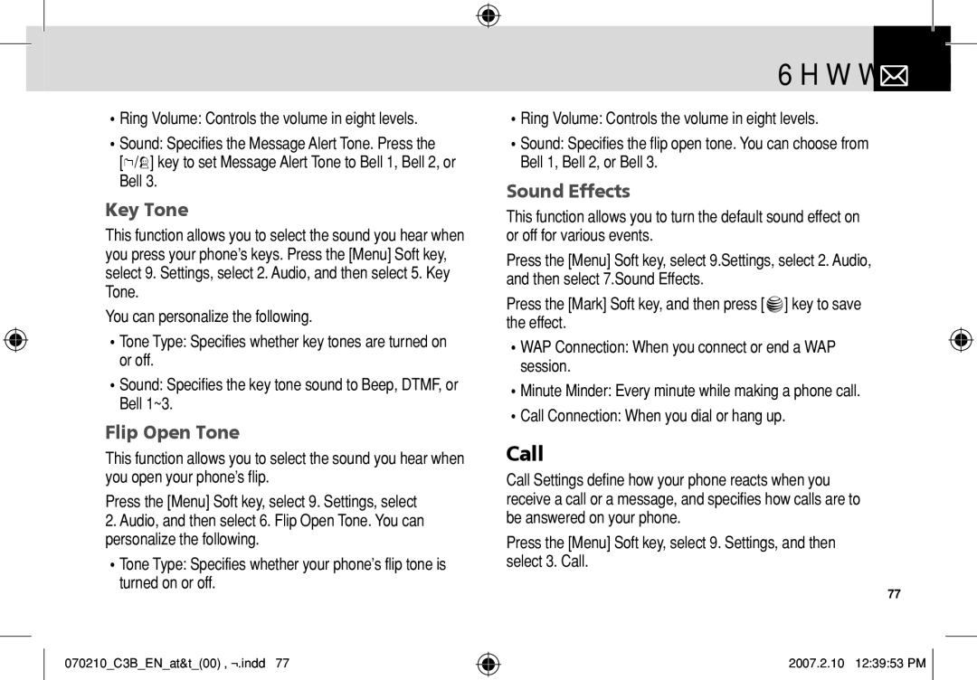 AT&T C3B manual Call, Key Tone, Flip Open Tone, Sound Effects 