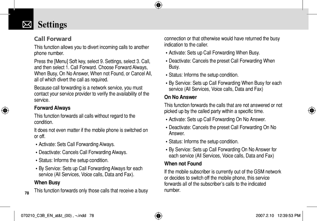 AT&T C3B manual Call Forward, Forward Always, When Busy, On No Answer, When not Found 