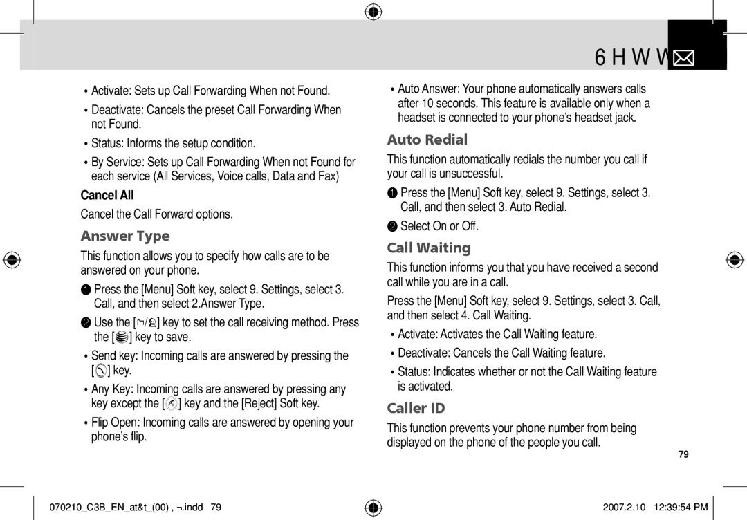 AT&T C3B manual Answer Type, Auto Redial, Call Waiting, Caller ID, Cancel All 