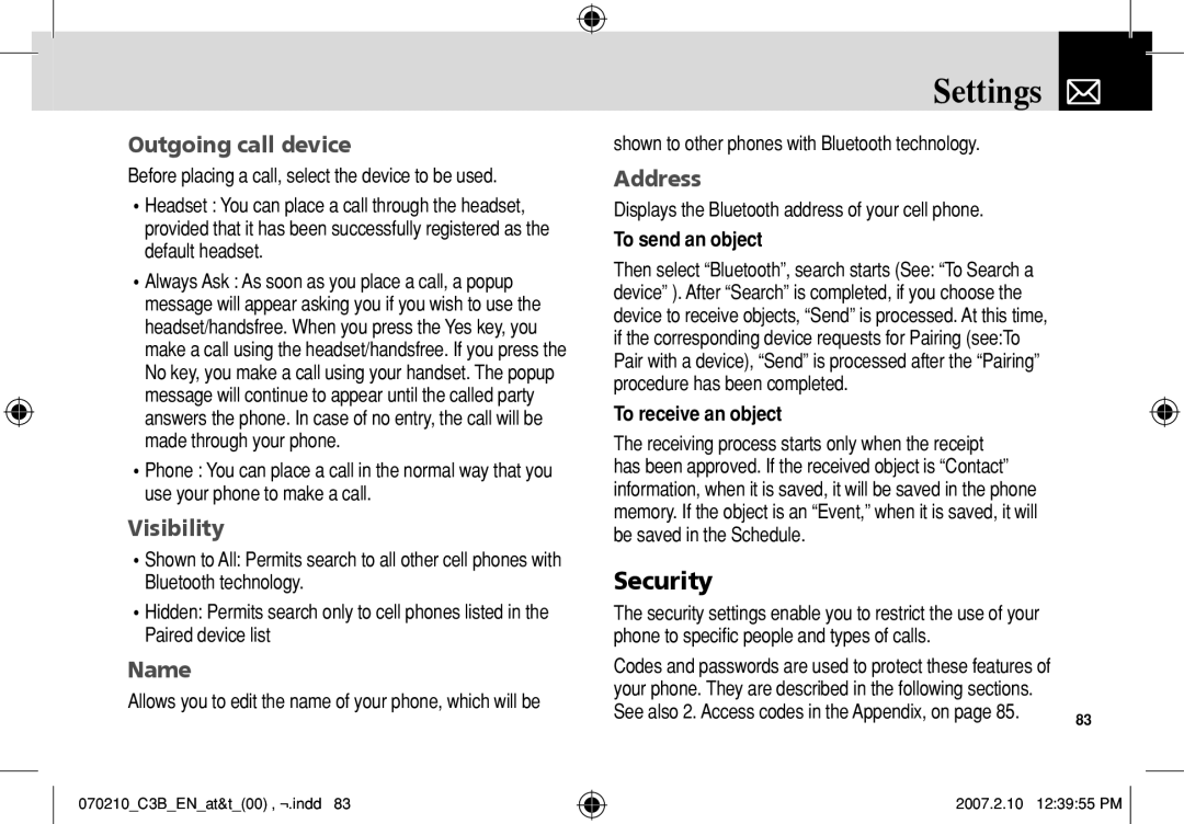 AT&T C3B manual Security, Outgoing call device, Visibility, Name, Address 