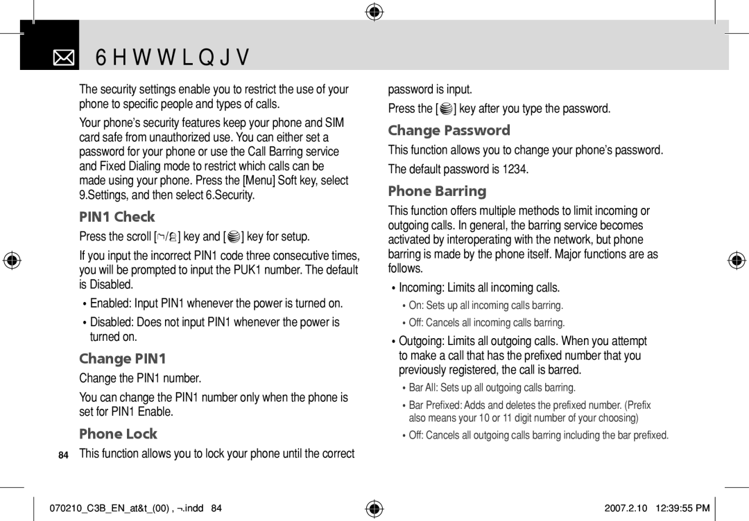 AT&T C3B manual PIN1 Check, Change PIN1, Phone Lock, Change Password, Phone Barring 
