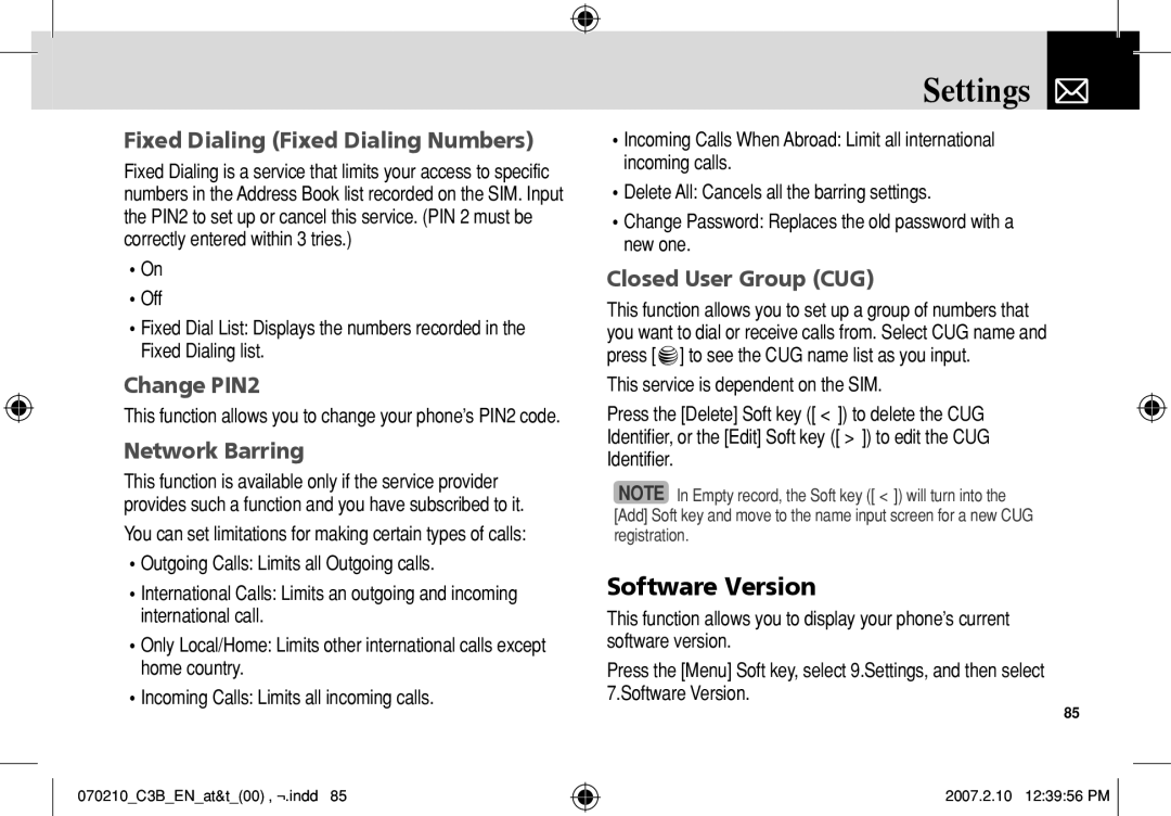 AT&T C3B manual Software Version, Fixed Dialing Fixed Dialing Numbers, Change PIN2, Network Barring, Closed User Group CUG 