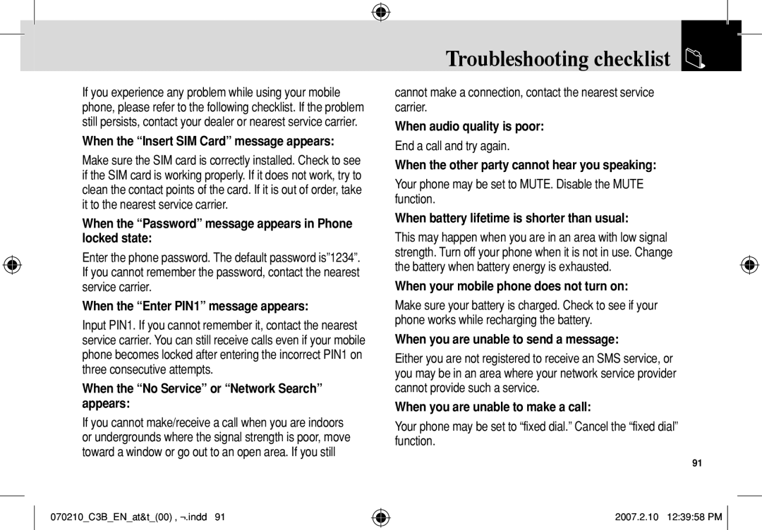 AT&T C3B manual When the Password message appears in Phone locked state, When the Enter PIN1 message appears 