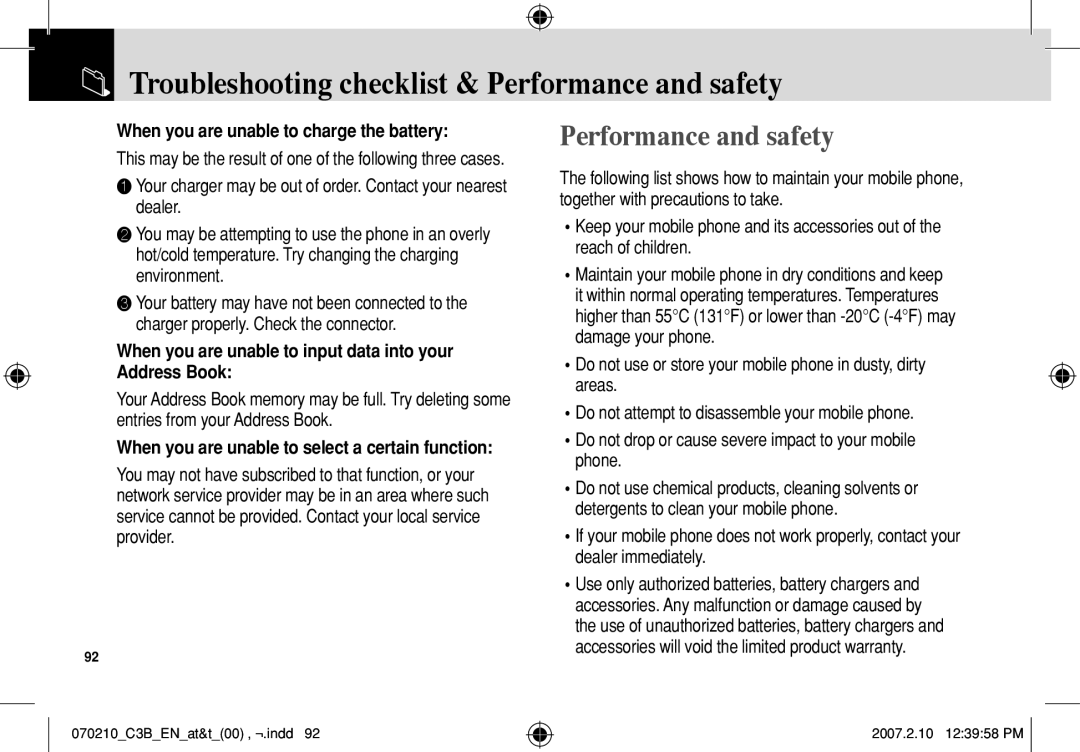 AT&T C3B manual Troubleshooting checklist & Performance and safety, When you are unable to charge the battery 