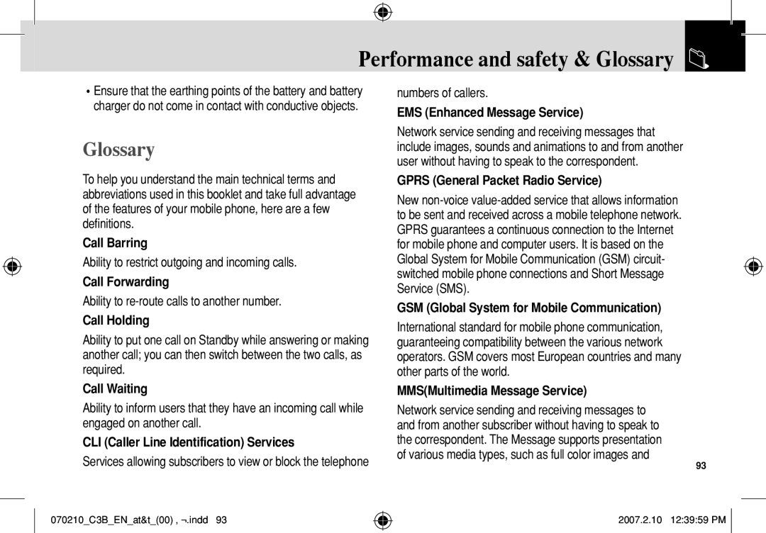 AT&T C3B manual Performance and safety & Glossary 