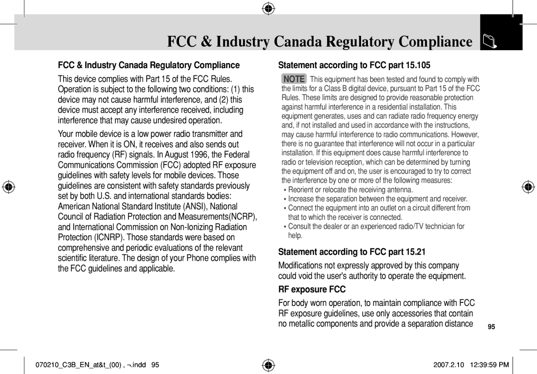 AT&T C3B manual FCC & Industry Canada Regulatory Compliance, Statement according to FCC part, RF exposure FCC 