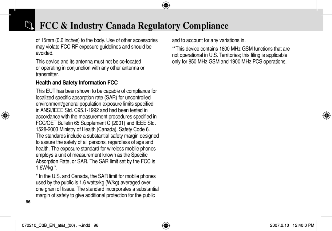 AT&T C3B FCC & Industry Canada Regulatory Compliance, Health and Safety Information FCC, To account for any variations 