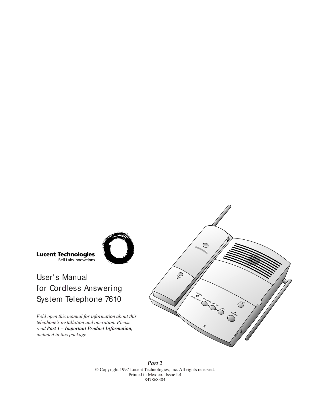 AT&T 847868304, CDLS 7610 user manual For Cordless Answering System Telephone, Read Part 1 Important Product Information 