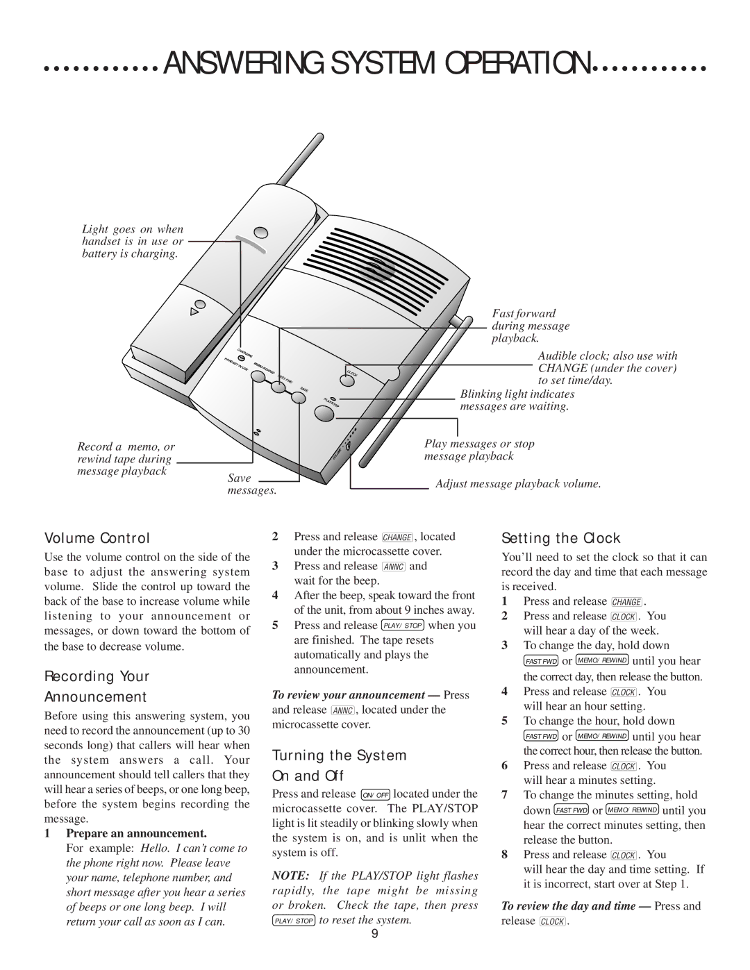 AT&T CDLS 7610 Answering System Operation, Volume Control, Recording Your Announcement, Turning the System On and Off 