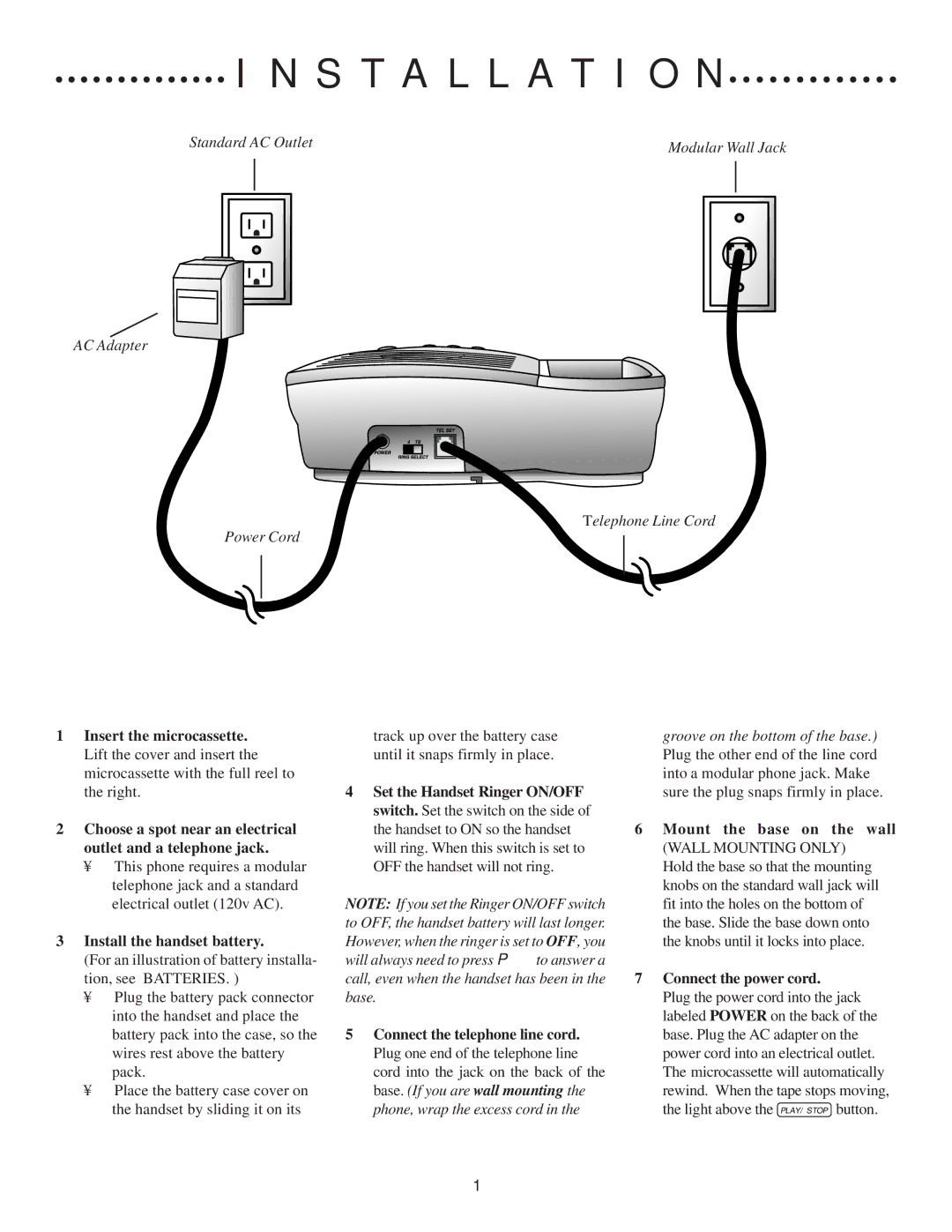 AT&T CDLS 7610, 847868304 Installation, Install the handset battery, Mount the base on the wall, Connect the power cord 