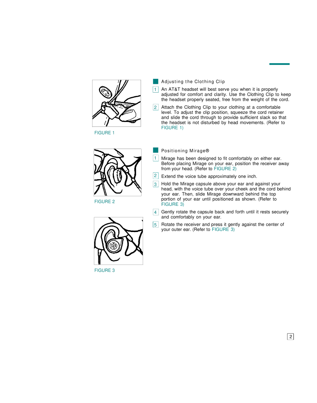 AT&T CIB 3144 manual Adjusting the Clothing Clip, Positioning Mirage 