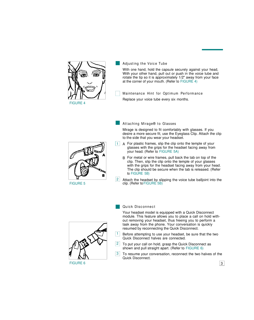 AT&T CIB 3144 manual Adjusting the Voice Tube, Maintenance Hint for Optimum Performance, Attaching Mirage to Glasses 