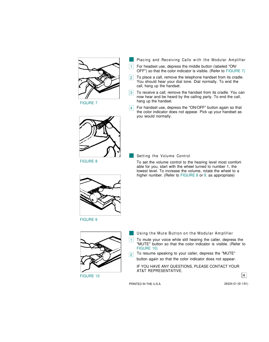 AT&T CIB 3144 manual Placing and Receiving Calls with the Modular Amplifier, Setting the Volume Control 