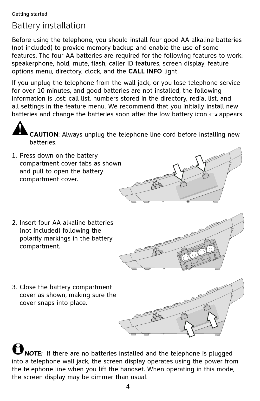 AT&T CL2909 user manual Battery installation 